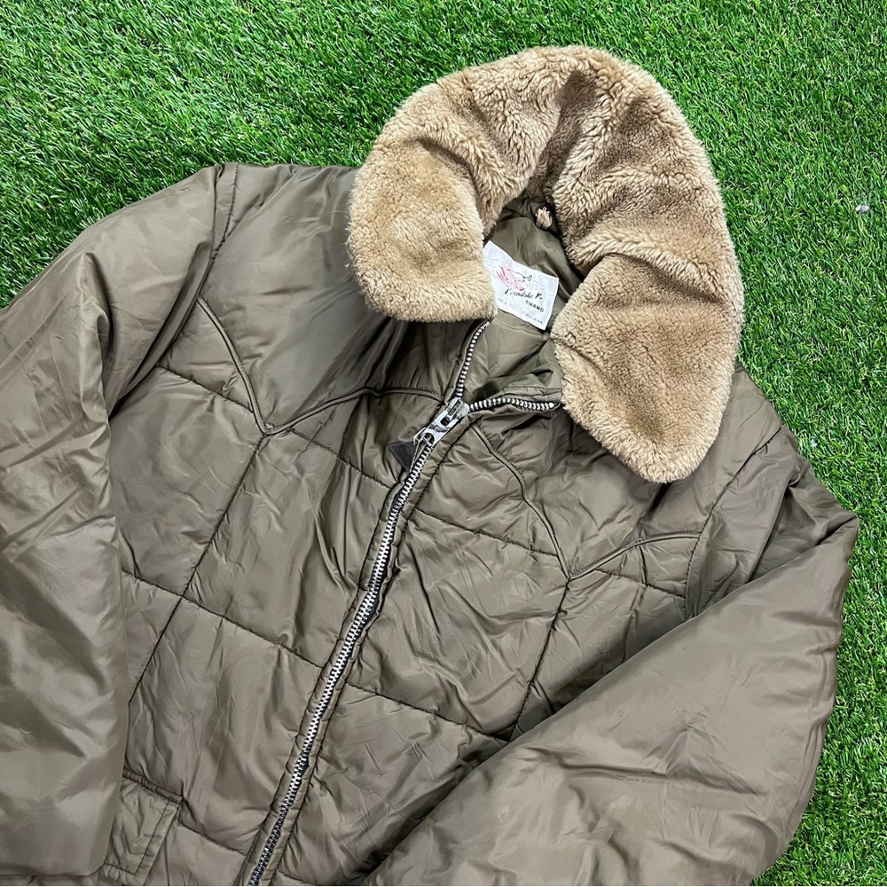 Vintage 90s Double K Brand Western Brown Fur Collared Puffer Jacket Talon 44R - Picture 1 of 5